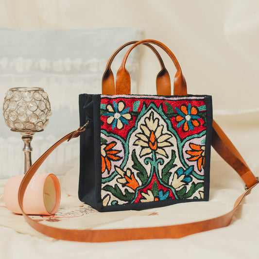 Black - Tulip Blue Chain Stitch Hand Embroidery Canvas Mini Book Bag