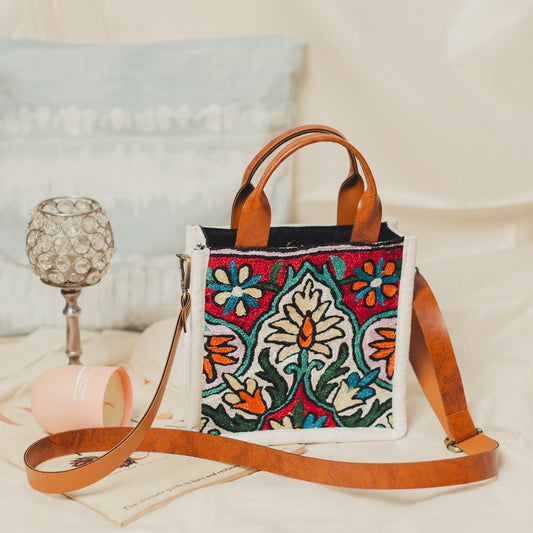 Tulip White Chain Stitch Hand Embroidery Canvas Mini Book Bag