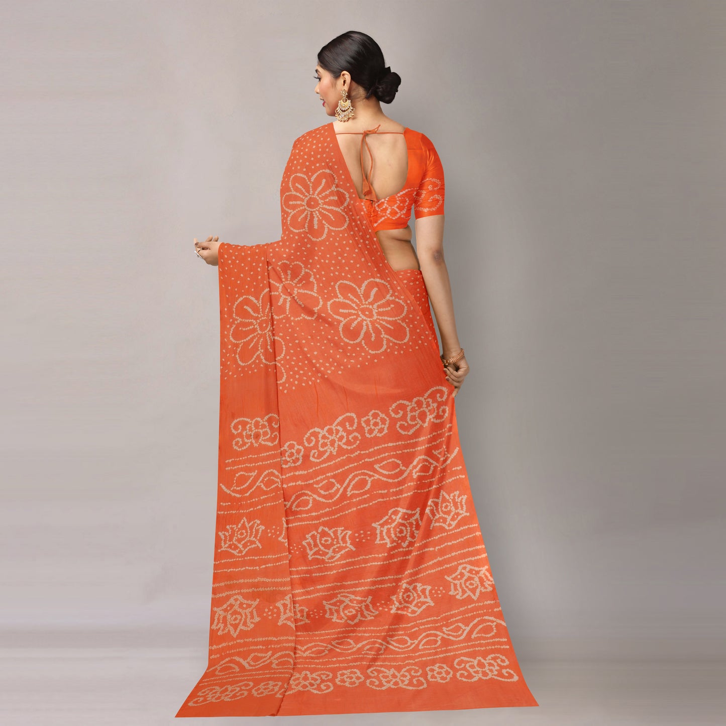 Orange - Kutch Bandhani Tie-Dye Cotton Saree with Blouse Piece