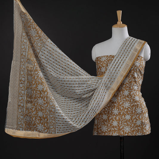 Brown - 3pc Sanganeri Block Printed Maheshwari Silk Suit Material Set