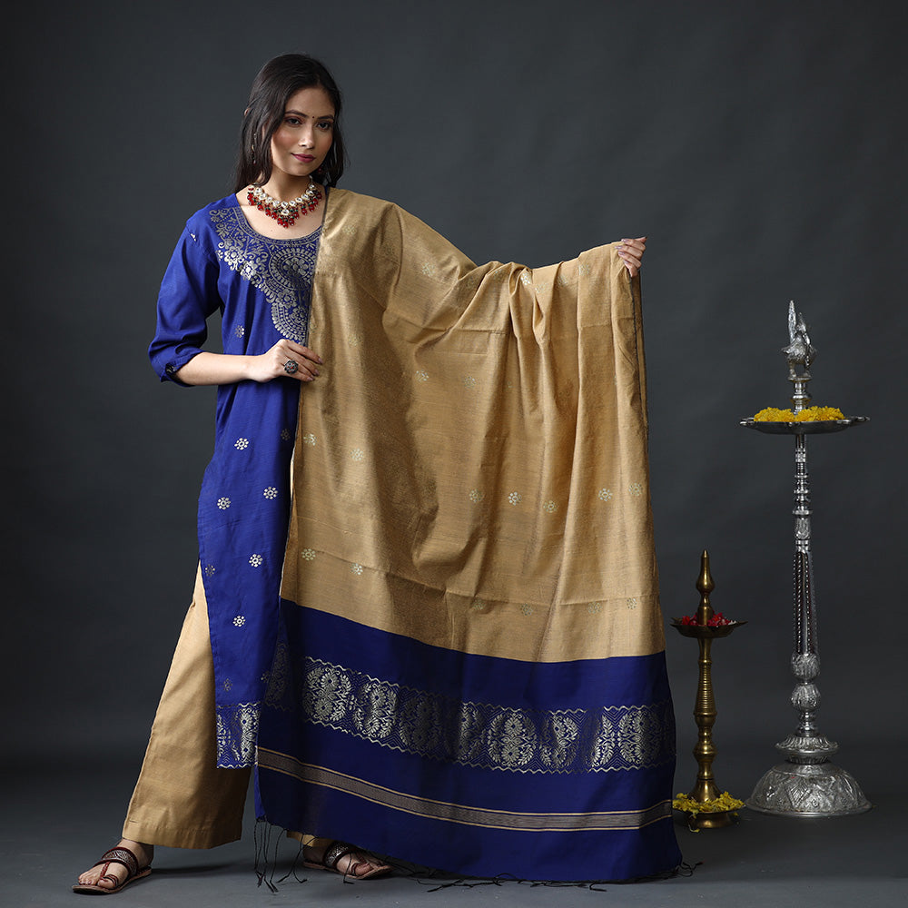 Phulia Jamdani Silk Kurta with Palazzo & Dupatta Set