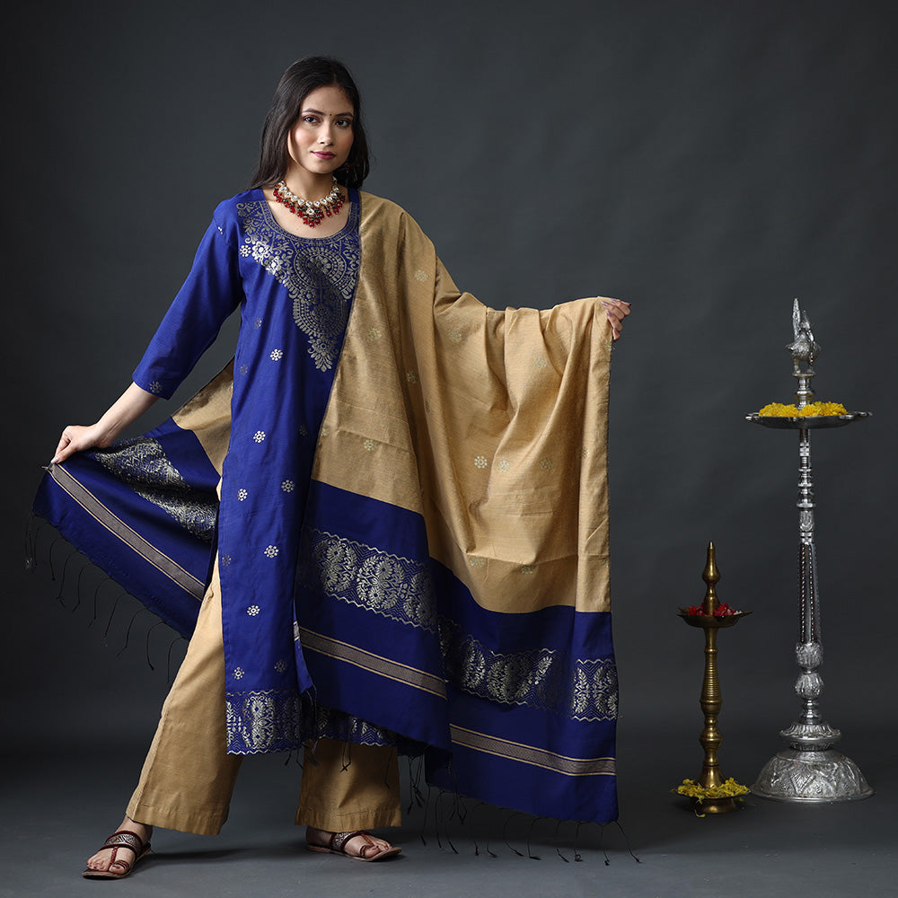 Phulia Jamdani Silk Kurta with Palazzo & Dupatta Set