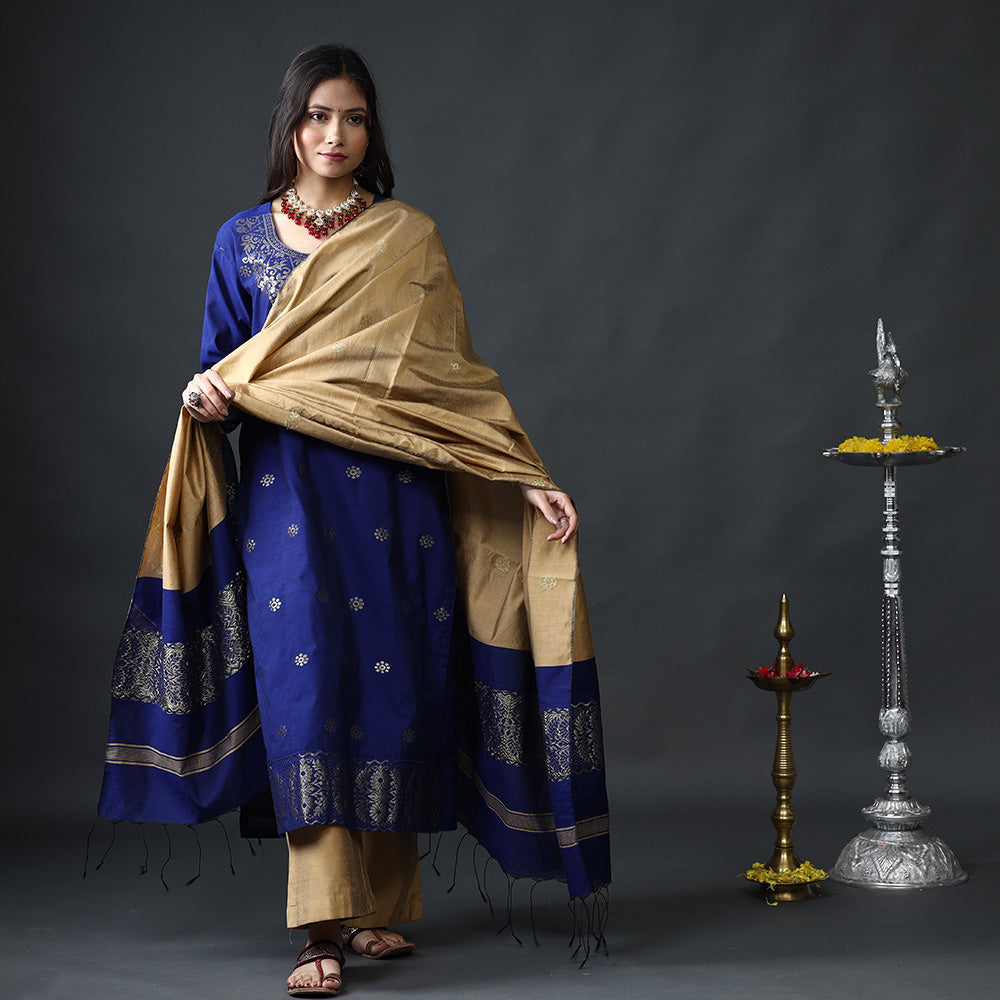 Phulia Jamdani Silk Kurta with Palazzo & Dupatta Set