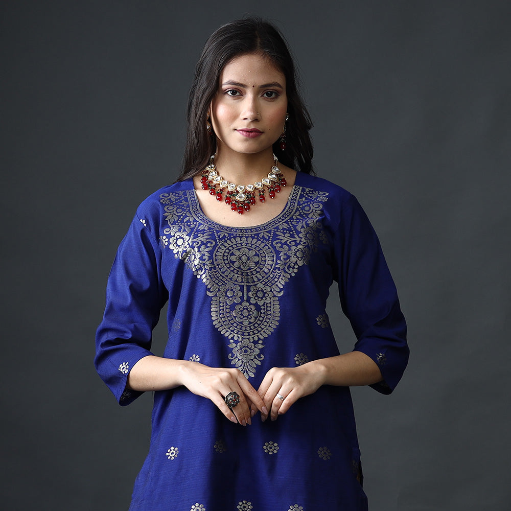 Phulia Jamdani Silk Kurta with Palazzo & Dupatta Set