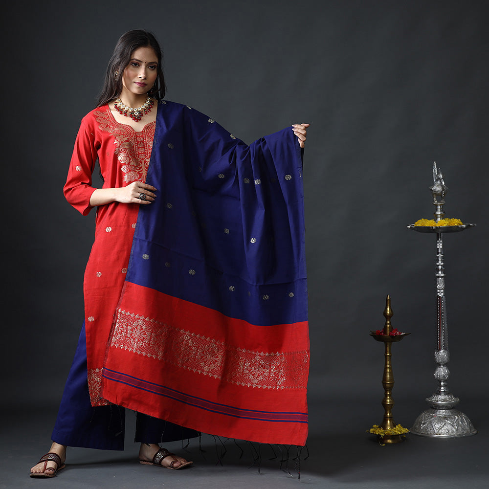 Red & blue phulia jamdani silk kurta with palazzo dupatta