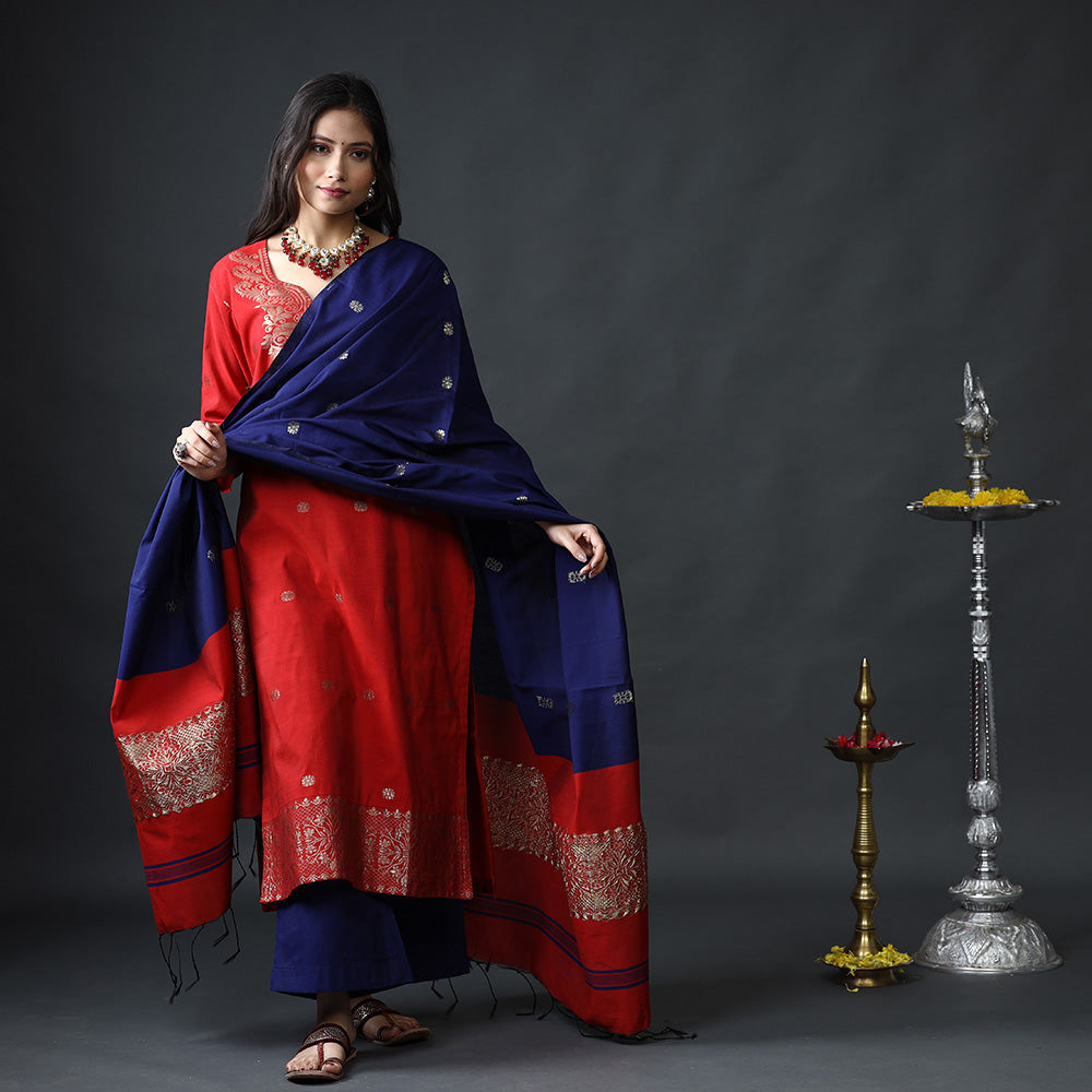 Red & blue phulia jamdani silk kurta with palazzo dupatta