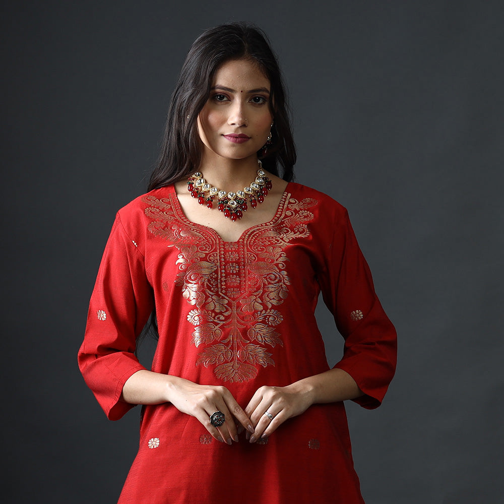 Red & blue phulia jamdani silk kurta with palazzo dupatta