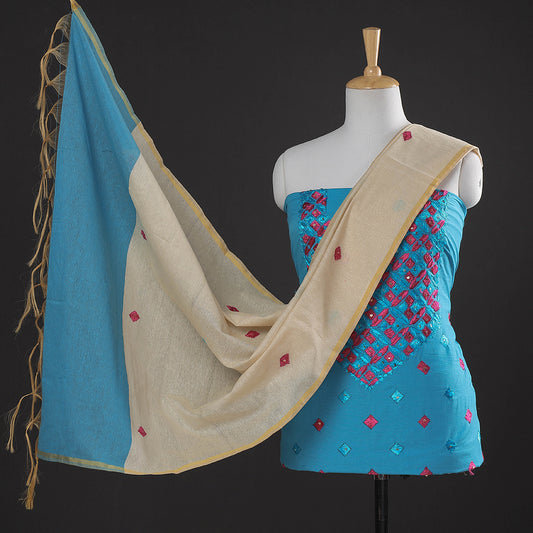 Blue - 3pc Phulkari Embroidery Cotton Suit Material Set