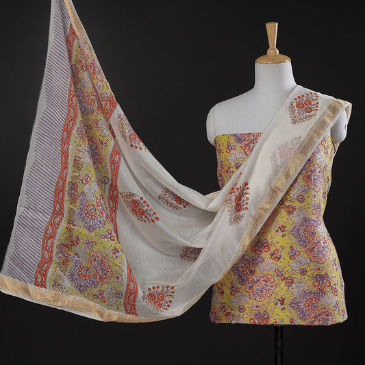 Yellow - 3pc Sanganeri Block Printed Maheshwari Silk Suit Material Set