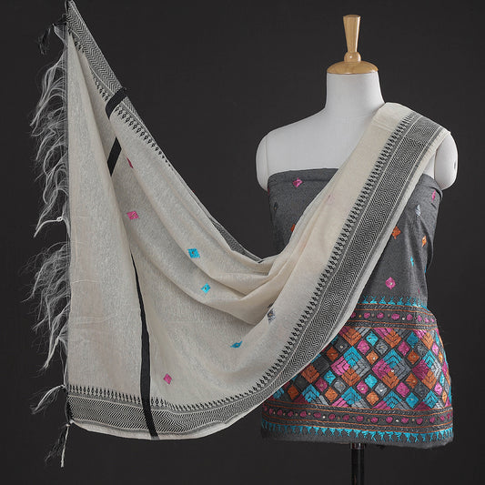 Grey - 3pc Phulkari Embroidery Cotton Suit Material Set