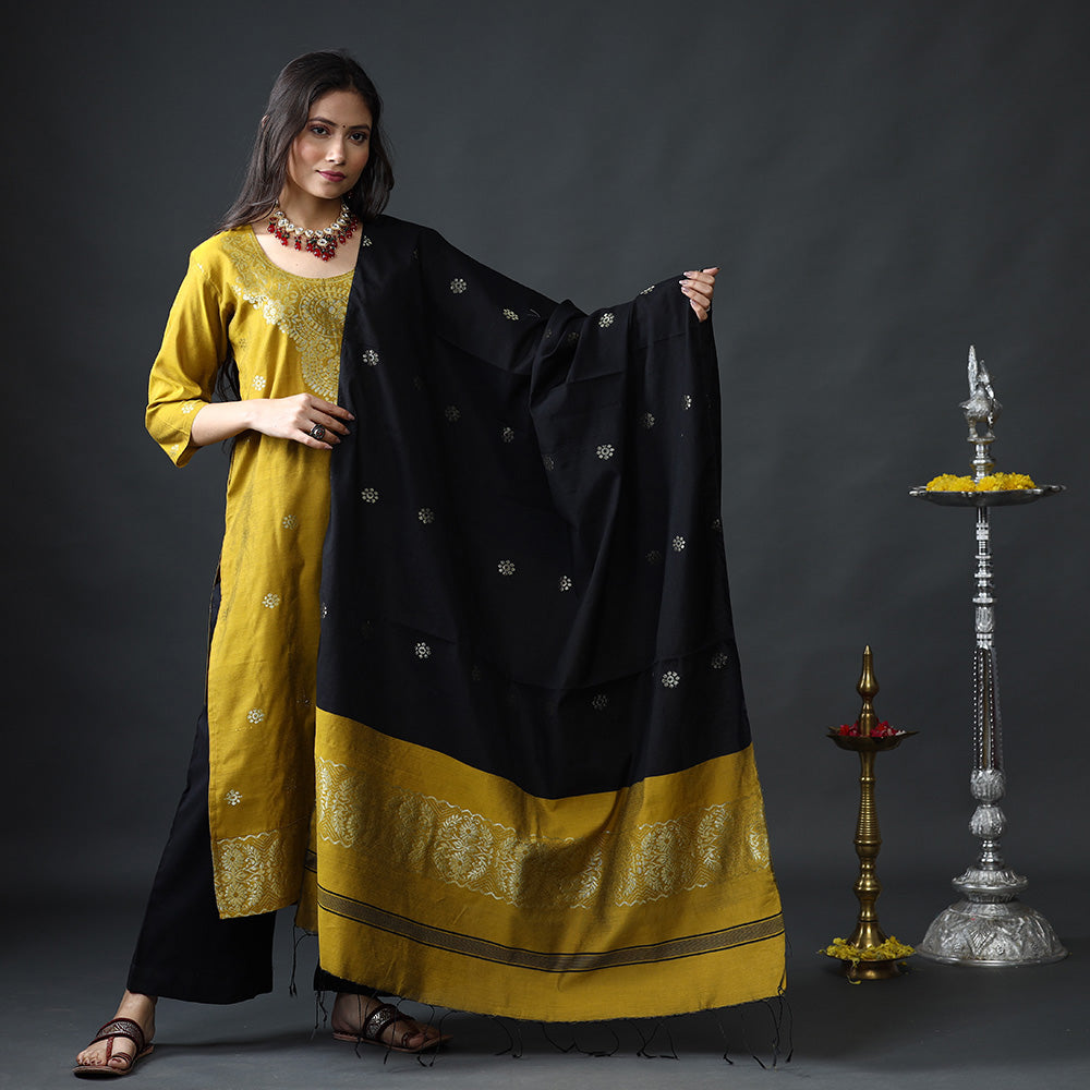 Yellow & Black Phulia Jamdani Silk Kurta with Palazzo & Dupatta Set