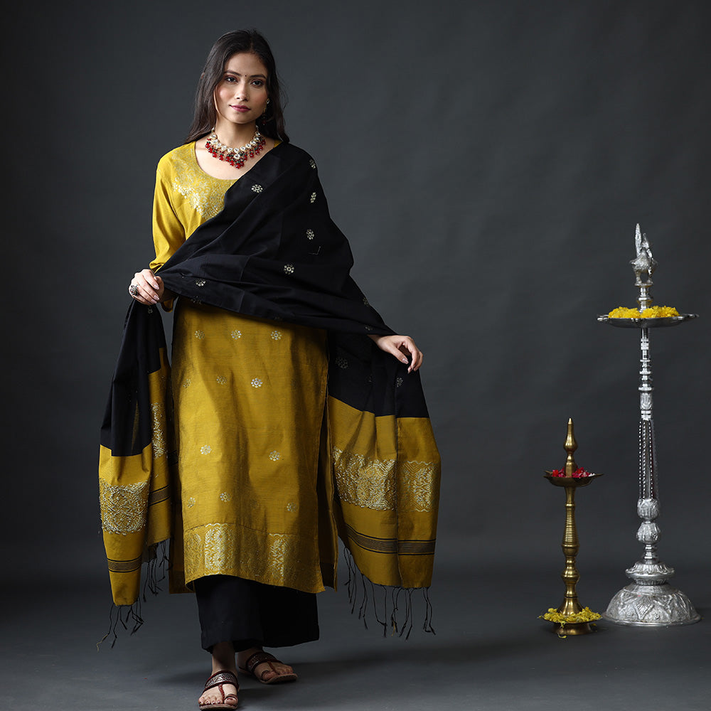 Yellow & Black Phulia Jamdani Silk Kurta with Palazzo & Dupatta Set