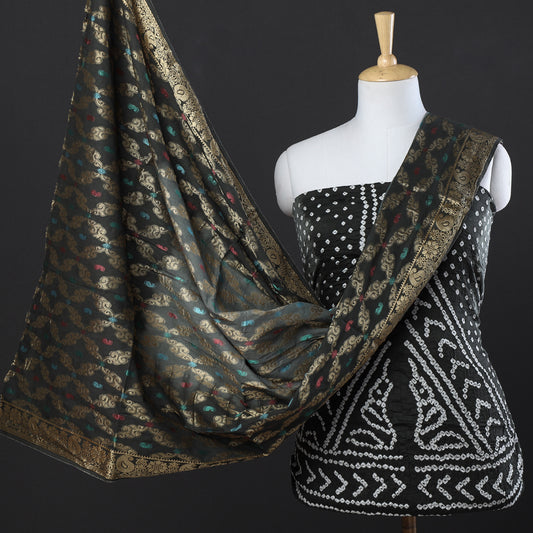 Black - 3pc Kutch Bandhani Tie & Dye Cotton Suit Material Set
