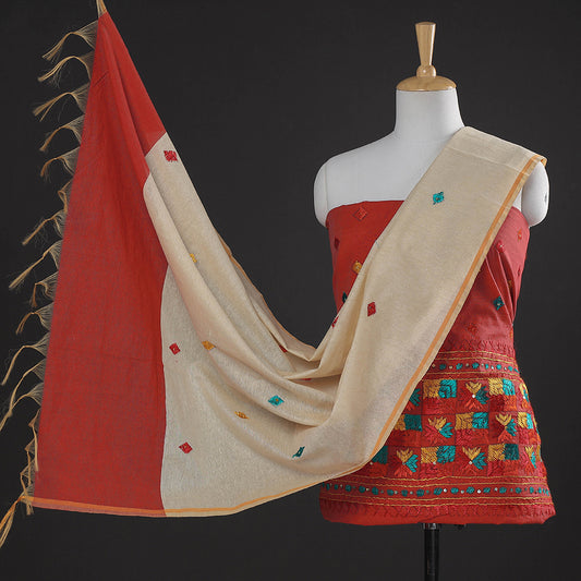 Orange - 3pc Phulkari Embroidery Cotton Suit Material Set