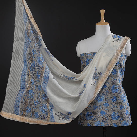 Grey - 3pc Sanganeri Block Printed Maheshwari Silk Suit Material Set