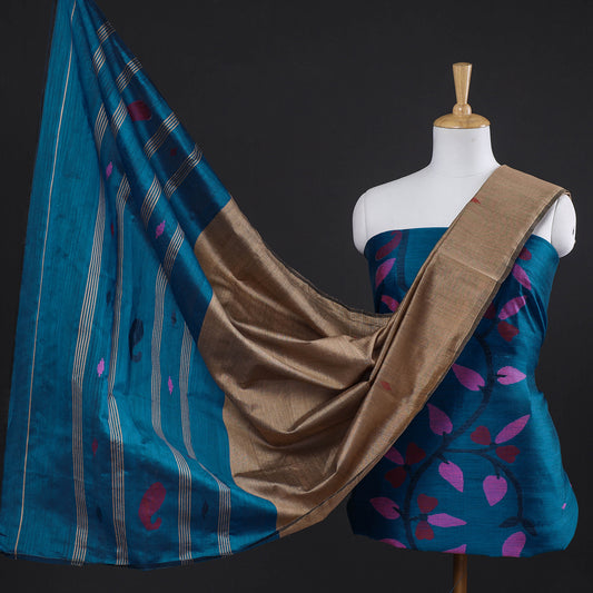 Blue - 3pc Phulia Jamdani Weave Handloom Silk Cotton Suit Material Set