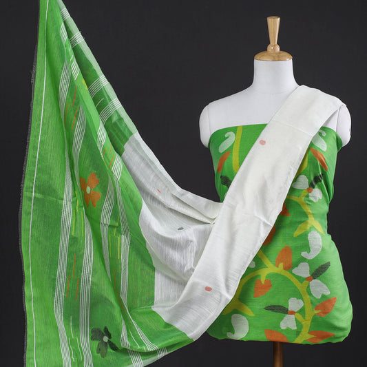 Green - 3pc Phulia Jamdani Weave Handloom Silk Cotton Suit Material Set