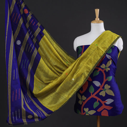 Blue - 3pc Phulia Jamdani Weave Handloom Silk Cotton Suit Material Set