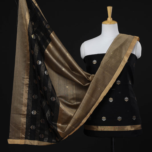 Black - 2pc Chanderi Silk Zari Buti Suit Material Set by Rauph Khan