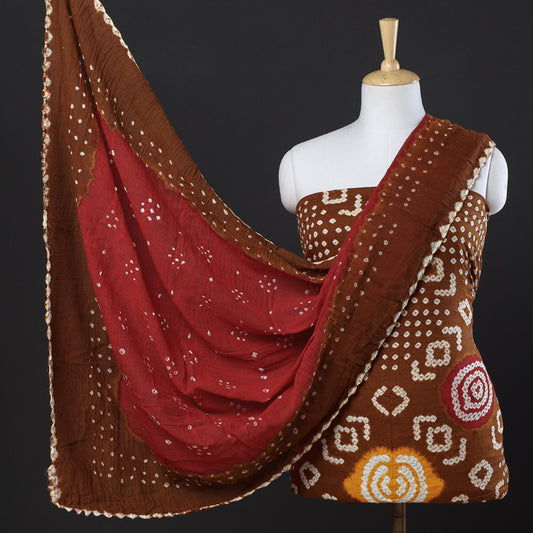 Brown - 3pc Kutch Bandhani Tie & Dye Cotton Suit Material Set