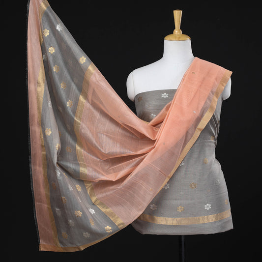 Grey - 2pc Chanderi Silk Zari Buti Suit Material Set by Rauph Khan
