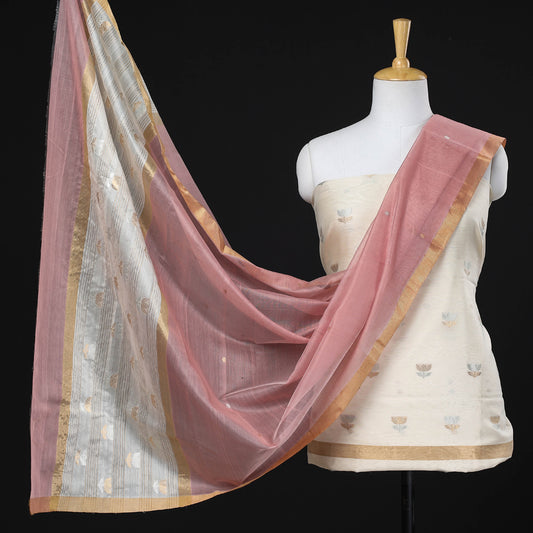 White - 2pc Chanderi Silk Zari Buti Suit Material Set by Rauph Khan