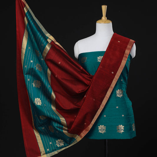 Green - 3pc Chanderi Silk Zari Buti Suit Material Set by Rauph Khan