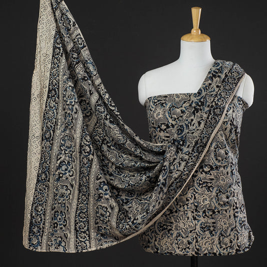 Black - 2pc Pedana Kalamkari Block Printed Cotton Suit Material Set