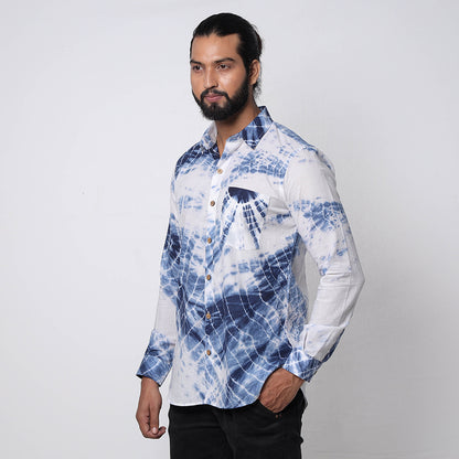 Blue & White - Shibori Tie-Dye Cotton Men Full Sleeve Shirt