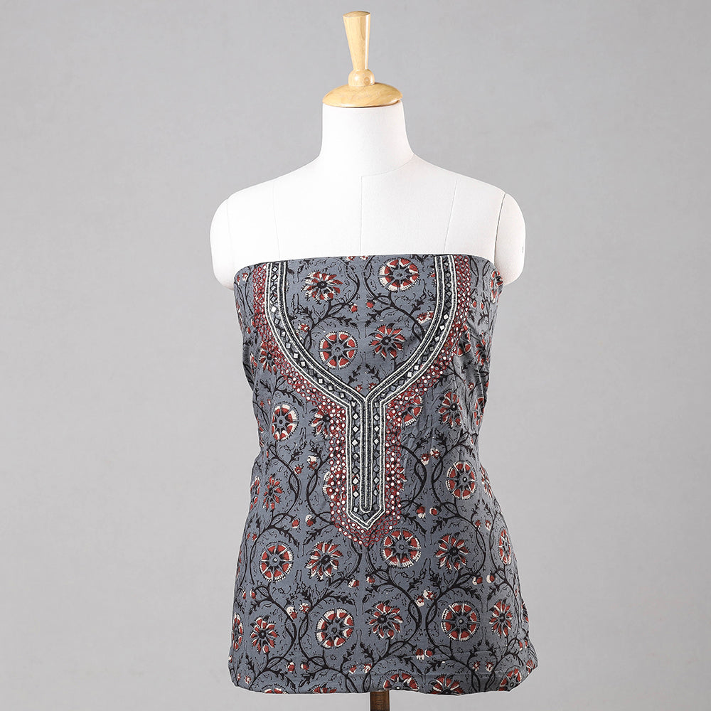 Grey - Sequin & Bead Work Embroidery Bagru Block Printing Cotton Kurti Material - 2.5 meter