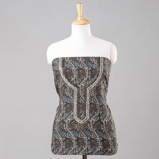 Brown - Bead Work Embroidery Ajrakh Block Printing Cotton Kurti Material - 2.5 meter