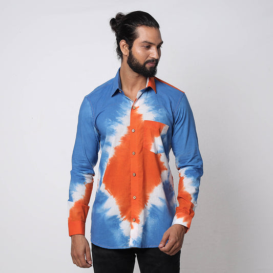 Orange & Blue - Shibori Tie-Dye Cotton Men Full Sleeve Shirt