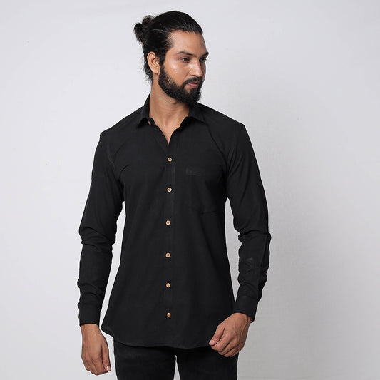 Black - Black Jhiri Handloom Cotton Men Full Sleeve Shirt