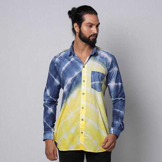 Yellow & Blue Shibori Tie-Dye Cotton Men Full Sleeve Shirt