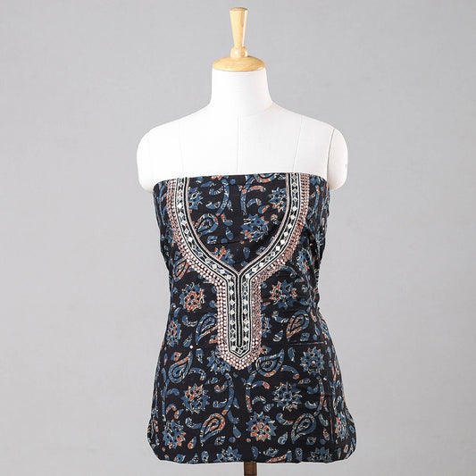 Black - Sequin & Bead Work Embroidery Ajrakh Block Printing Cotton Kurti Material - 2.65 meter