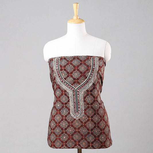 Brown - Sequin & Bead Work Embroidery Ajrakh Block Printing Cotton Kurti Material - 2.5 meter