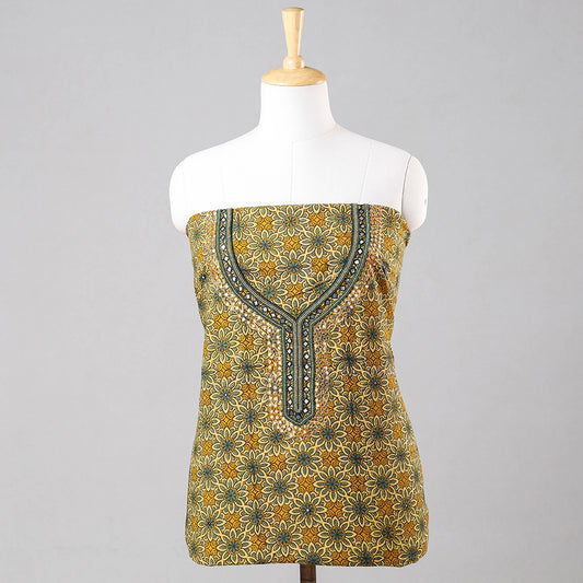 Green - Sequin & Bead Work Embroidery Ajrakh Block Printing Cotton Kurti Material - 2.5 meter