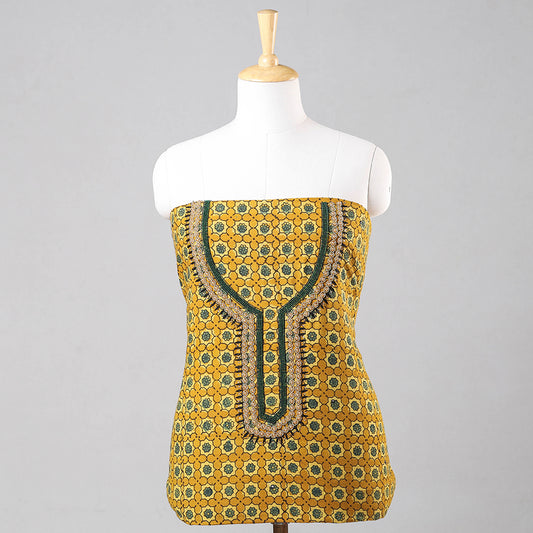 Yellow - Bead Work Embroidery Ajrakh Block Printing Cotton Kurti Material - 2.5 meter