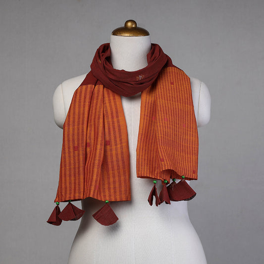 Orange - Godavari Jamdani Buti Patchwork Cotton Stole with Tassels