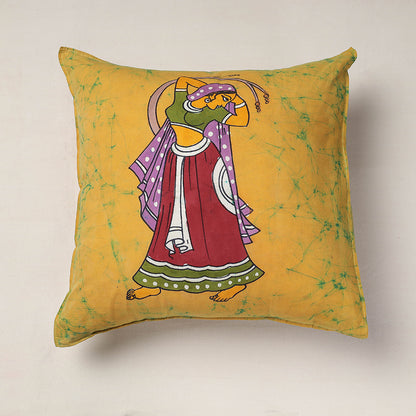 Yellow - Hand Batik Printed Pure Cotton Cushion Cover (18 x 18 in)