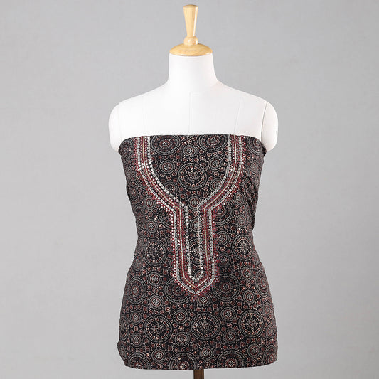 Black - Sequin & Bead Work Embroidery Ajrakh Block Printing Cotton Kurti Material - 2.5 meter