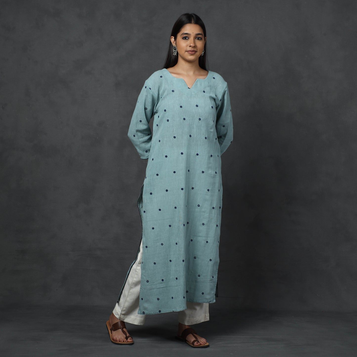 Blue - Organic Kala Cotton Handloom Mirror Work Long Kurta