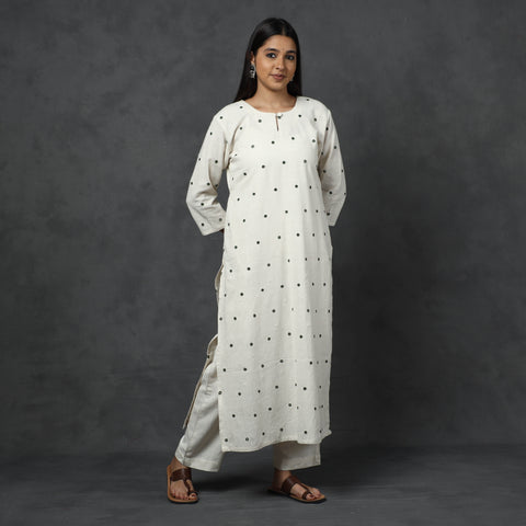 White - Organic Kala Cotton Handloom Mirror Work Long Kurta