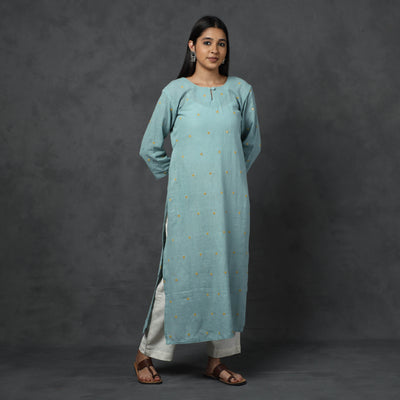 Blue - Organic Kala Cotton Handloom Mirror Work Long Kurta