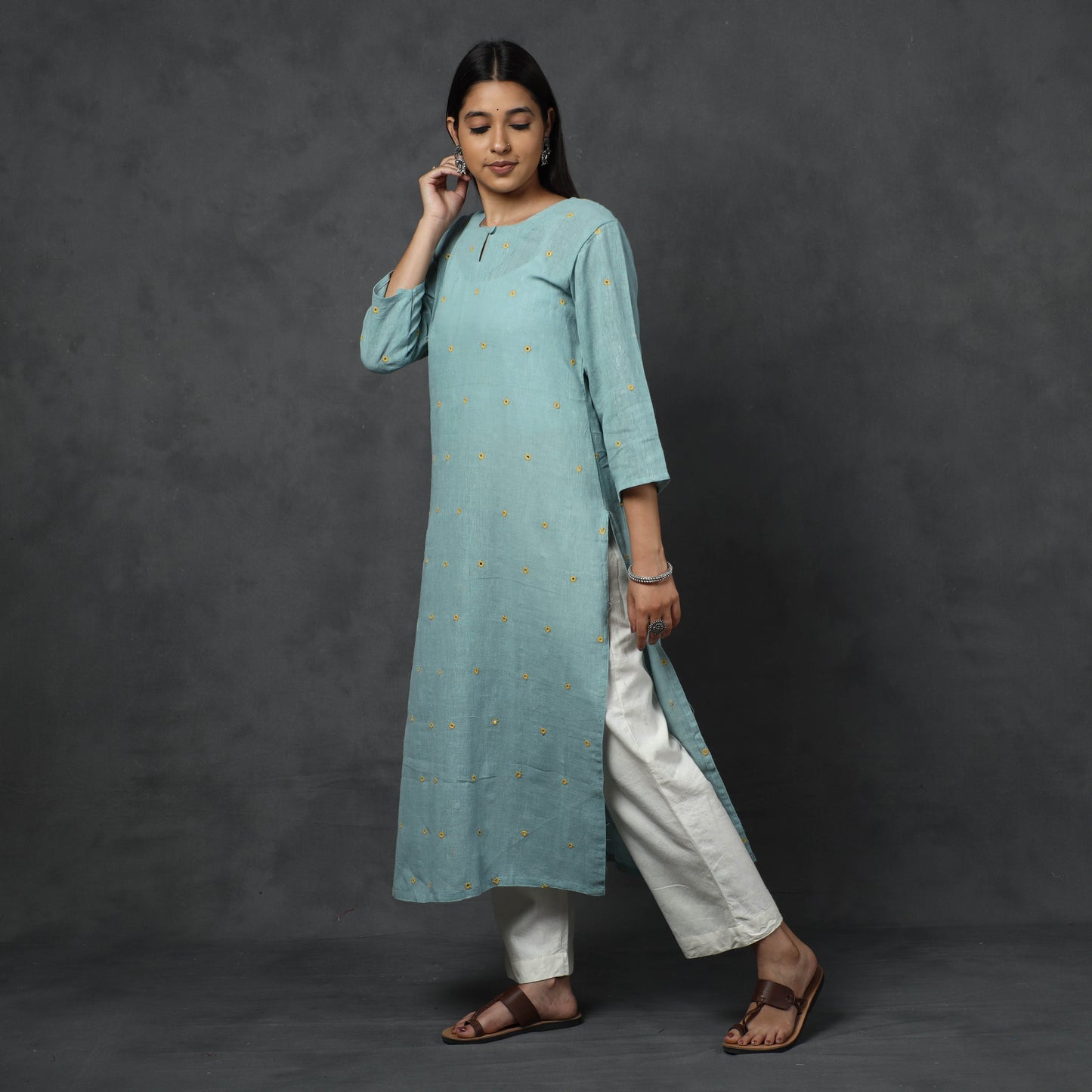 Blue - Organic Kala Cotton Handloom Mirror Work Long Kurta