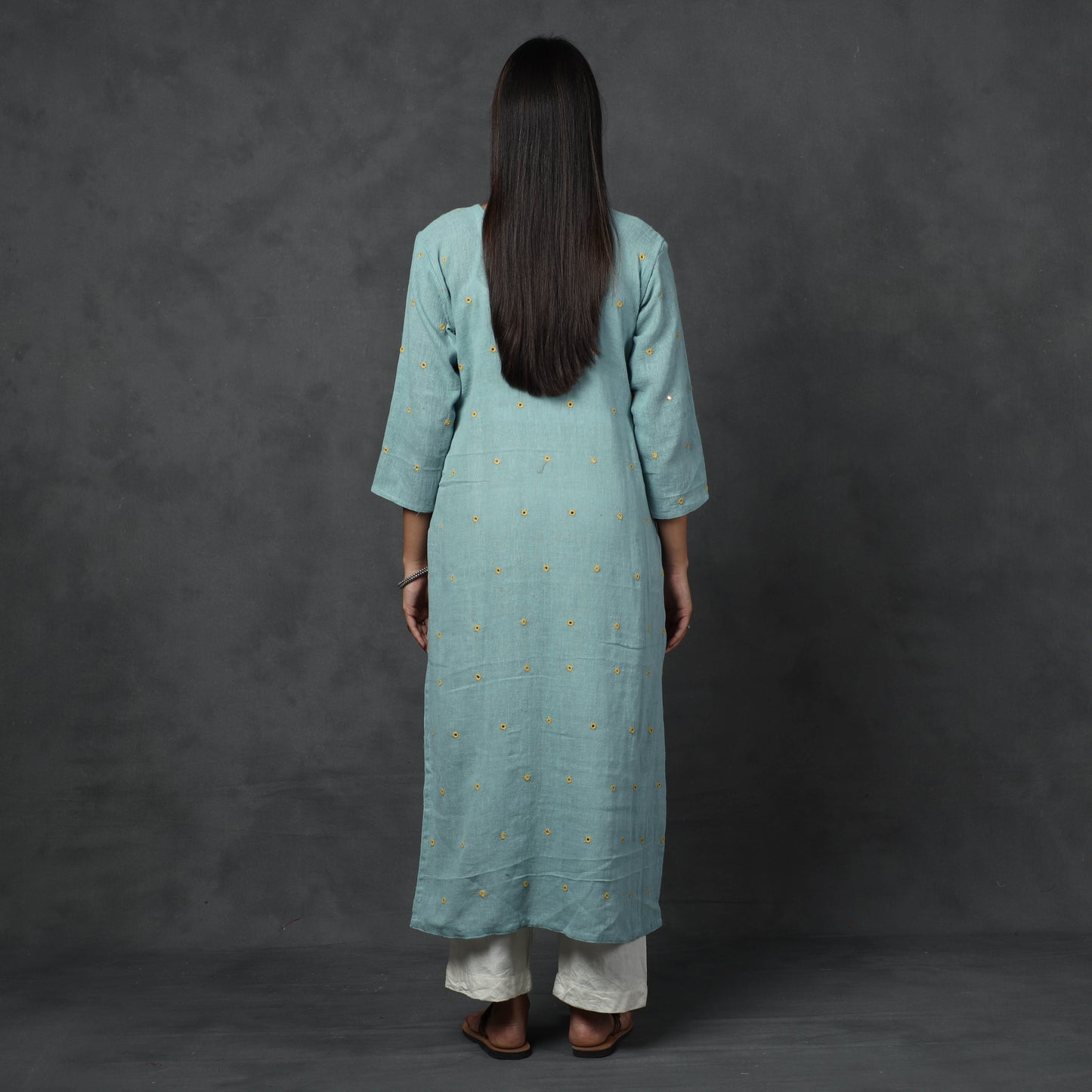 Blue - Organic Kala Cotton Handloom Mirror Work Long Kurta