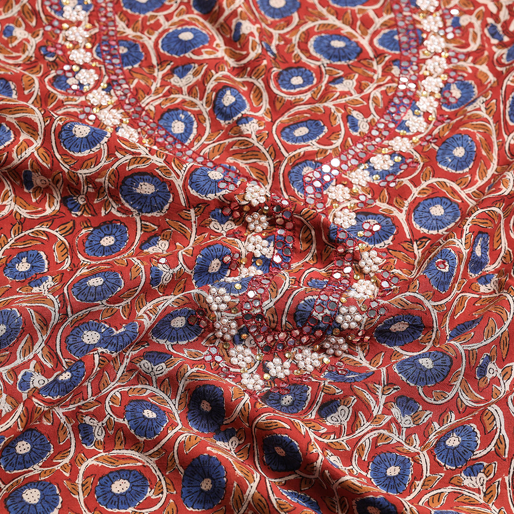 Red - Zardozi & Bead Work Embroidery Bagru Block Printing Cotton Kurti  Material - 2.5 meter