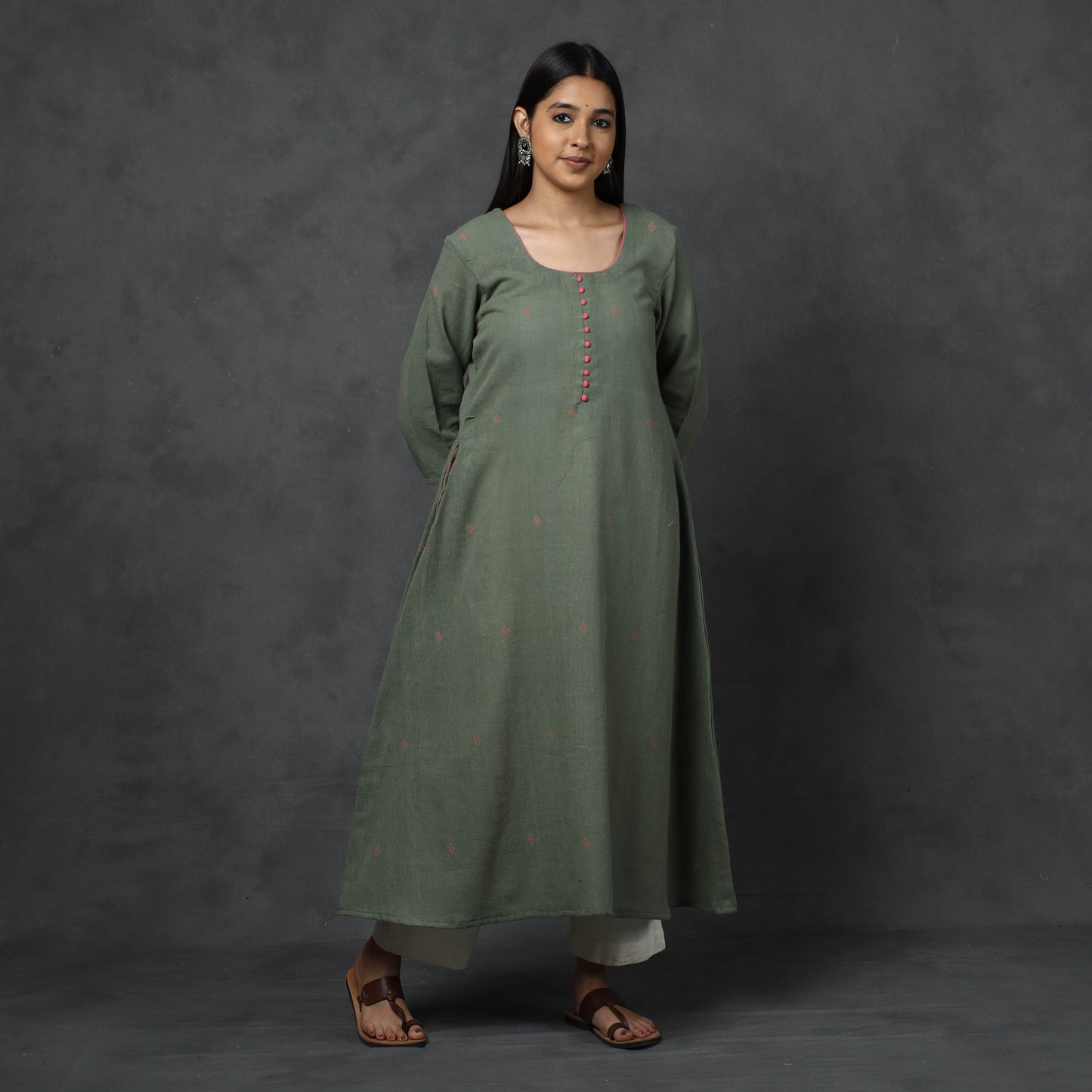 Green - Organic Kala Cotton Handloom Buti Long Kurta