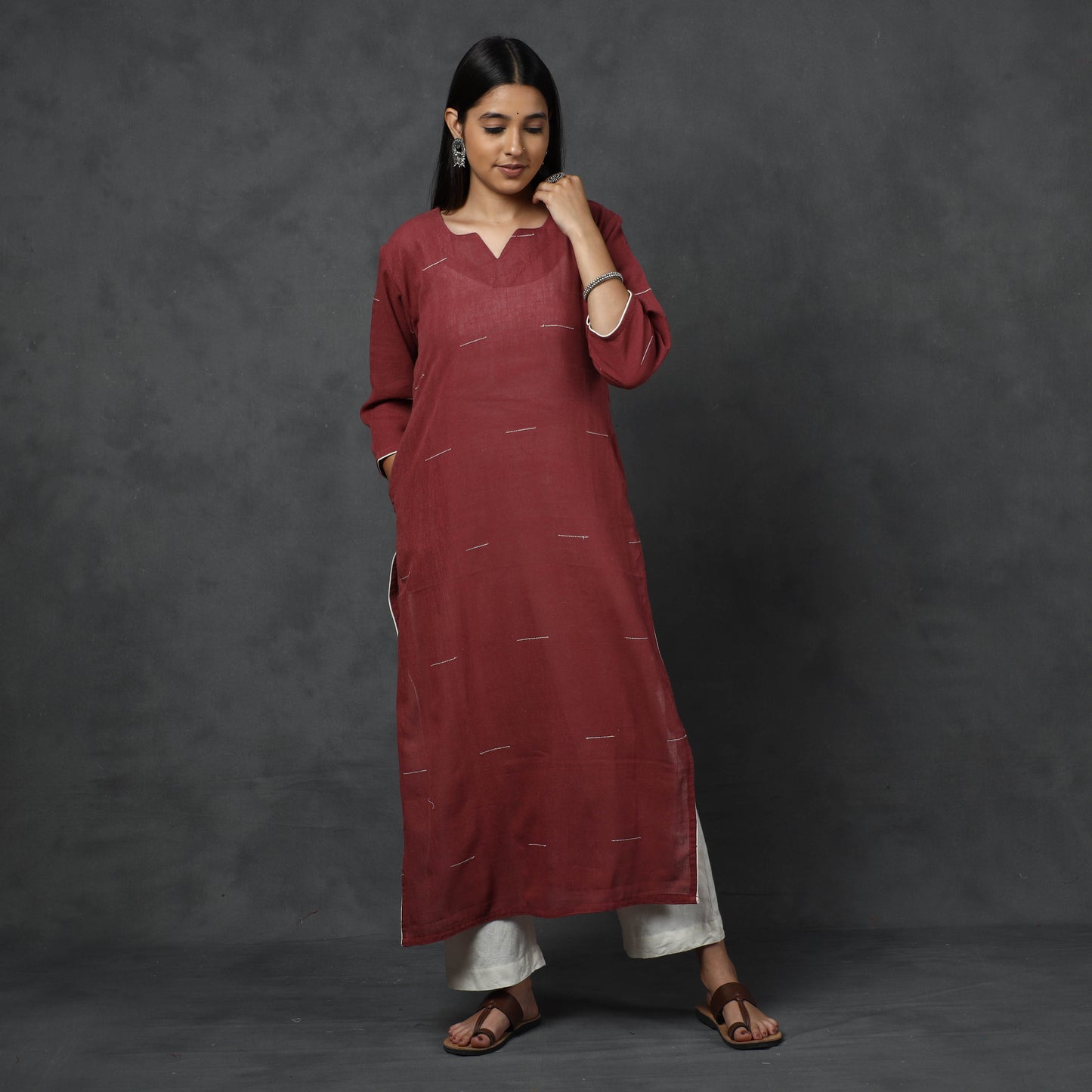 Maroon - Organic Kala Cotton Handloom Buti Long Kurta