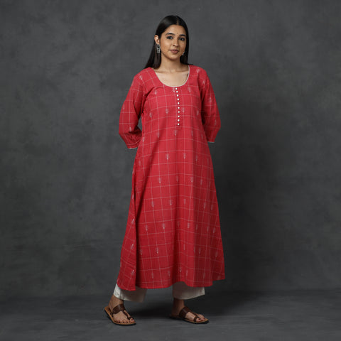 Red - Organic Kala Cotton Handloom Checks Buti Long Kurta